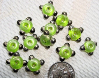 Sylvie Elise Lansdowne BEADS - Set of 6 Small Lampwork Glass Spacer Beads in Spring Green with Gold Tips
