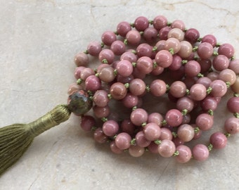 Mala Necklace- Knotted Mala, Rhodonite, Unakite, Tassel Necklace, Yoga, Meditation