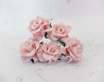 Light blush pink paper flowers - 5 30mm mulberry paper gardenia - paper flowers with wire stems