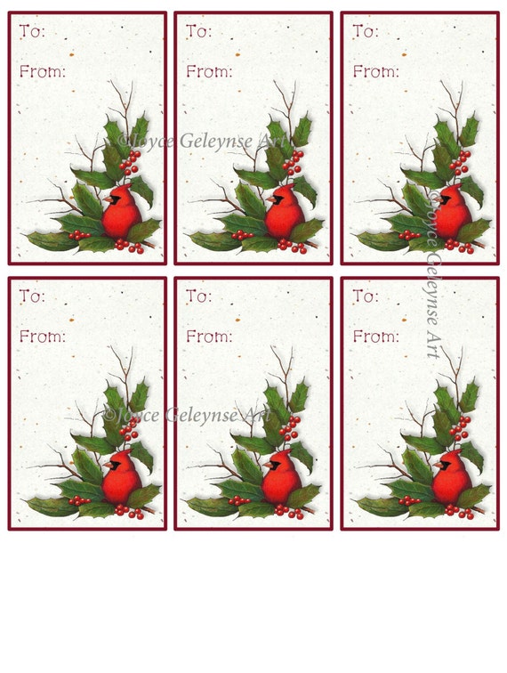 Printable Christmas Gift Tags Red Cardinal Bird with Holly