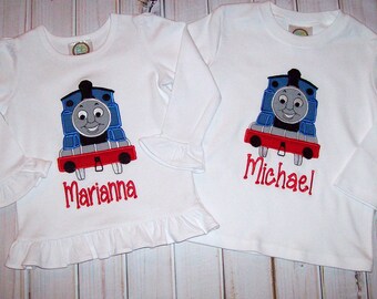 Thomas the Train Applique One Piece Bodysuit with Snaps or T-shirt for a Boy or a Girl - Twins - Thomas Train Birthday Party