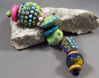 Handmade Lampwork Bead Set by Monaslampwork - Dots, Colors, and Enamels - Multiple dots and enamels, full of color Handmade by Mona Sullivan