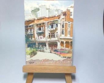 Street scene, Singapore, original aceo watercolor painting, atc id20170424 old architecture miniature art landscape