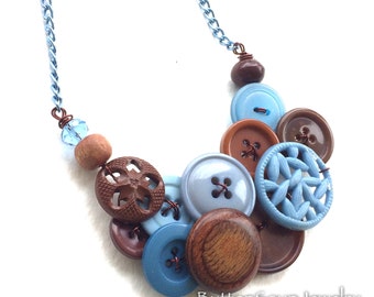 Serenity Brown and Blue Button and Bead Necklace