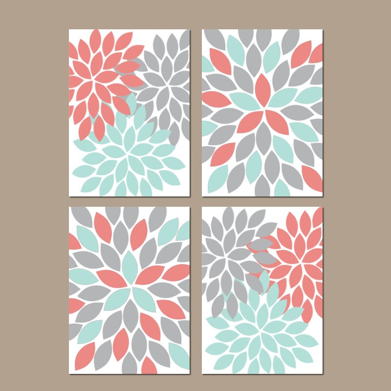 Coral Aqua Gray Wall Art CANVAS or Prints Bedroom Pictures