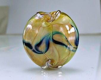 Golden Mother of Pearl Black Lampwork Glass Lentil Focal Bead SRA Lampwork