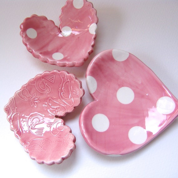 pretty Pink pottery Heart Dishes 3 piece set polka-dots