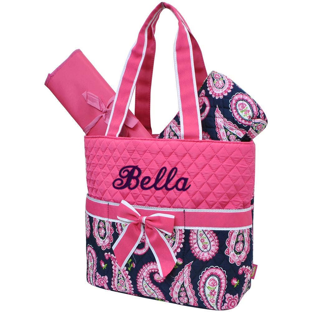 Personalized Diaper Bag Paisley Hot Pink Navy Blue Quilted