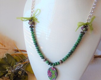 Sale......One of a Kind Gemstone, Sterling Silver, Polymer Clay, and Ribbon Necklace