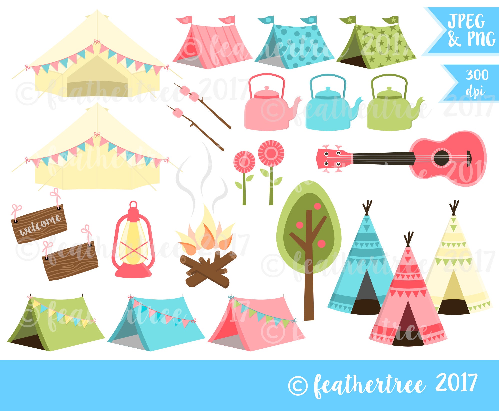 Digital Clipart - Camping, Glamping, Festival, Summer, Tent, Teepee ...