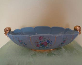 Vintage Abingdon Pottery 14" Oval Centerpiece Console Bowl 1940's Floral Sides Gold Trim