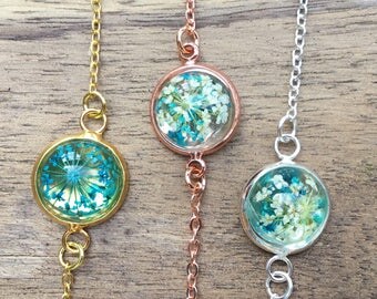 Turquoise Pressed flower jewelry, pressed real flower bracelet, Flower charm bracelet, bridesmaid jewelry, dried flower bracelet, anklet,