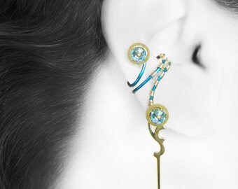 Aquamarine Swarovski Crystal, Steampunk Ear Cuff, No PIercing Needed, Wire Wrapped, Vintage Clock Parts, Youniquely Chic, Hebe II v11