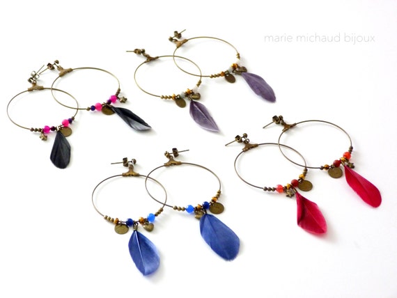 Creole earrings with charms and feather,Feather earrings,Feather jewelry,Boho earrings,Gypsy earrings,Boho jewelry,Gypsy earrings feathers