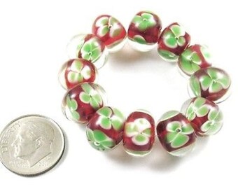 Rondelle Encased Lampwork Beads-RED + GREEN FLOWERS (12)