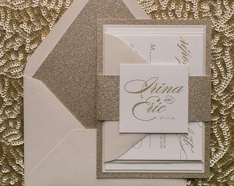 Letterpress - Fancy Beige and Gold Glitter Wedding Invitations - SAMPLE (ABIGAIL)