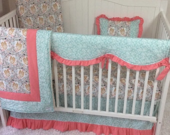 Coral and Mint Floral Fawn Baby Girl Crib Bedding Set