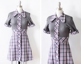 vintage 60s plaid mod dress, 1960s mod scooter dress, gray and pink mini dress, extra small xs