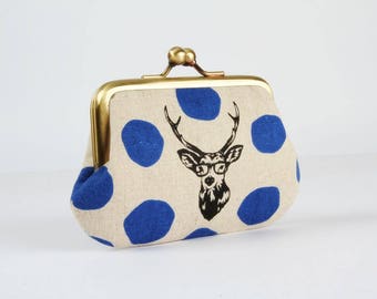 Metal frame purse with two sections - Samber deer in blue - Siamese daddy / Echino Japanese fabric / Two pockets / black red / glasses