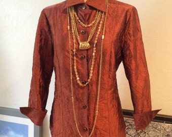 Vintage rust color crinkled button down shirt, copper color crinkled long sleeve blouse, sz 8 rust color top, crinkled silk copper color top
