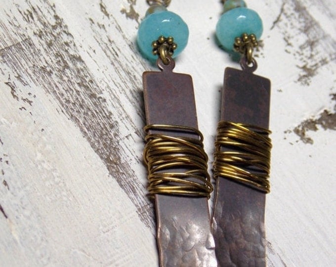 Bar Earrings Woodland Gemstone Boho Earrings Amazonite Brass Wire Wrapped Long Light Earrings Aqua Drop Earrings Textured Rustic Jewelry