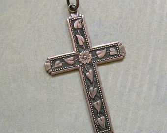 Vintage Sterling Silver Cross, Sterling Cross, Old Religious Cross Necklace, Cross with Flower & Leaves (#3094)