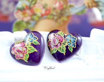 Vintage Heart Shape Flower Glass Cabochons Purple - 4