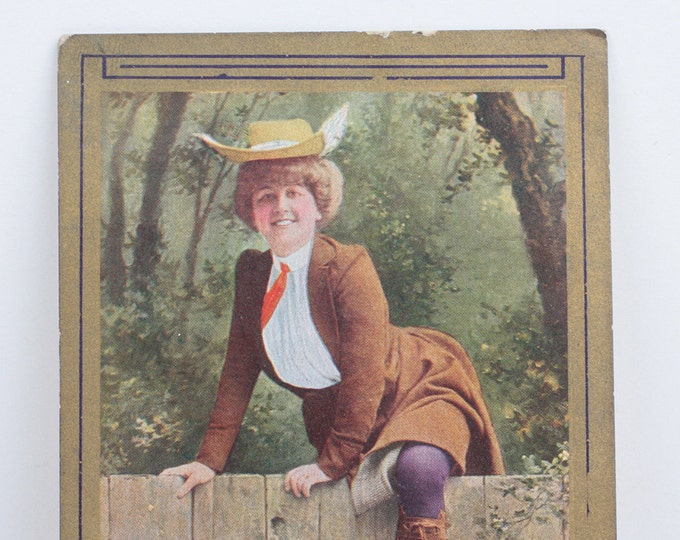 No Trespassing Antique Postcard RPP Edwardian Equestrian Woman Climbing Fence 1910s