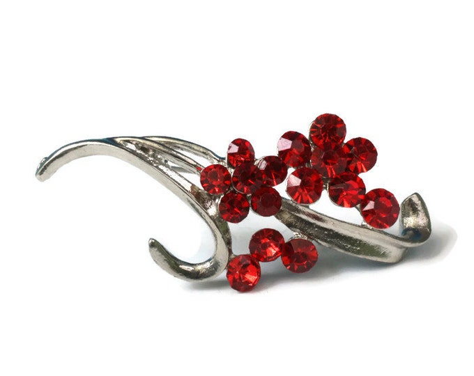 Red Rhinestone Flower Brooch Pin Vintage