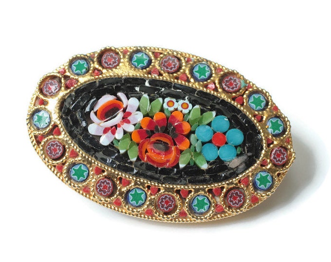 Floral Mosaic Tile Brooch Italy Oval Shape Vintage