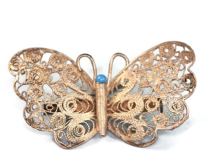 Silver Filigree Butterfly Pin Turquoise Accent Vintage