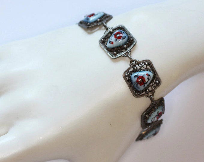 CIJ Sale Red Floral Porcelain Enameled Bracelet Russian Finift Enamel Silver Filigree Vintage