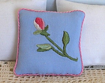 1:12 Pillow - English Rose - Embroidered Scale Miniature Dollhouse - Romantic Shabby Cottage **Free Shipping**