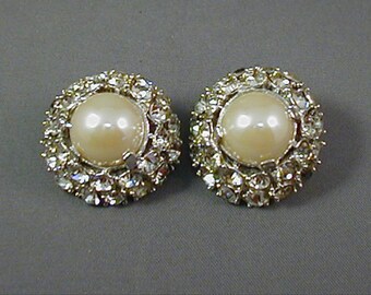 Vintage Pearl Rhinestone Large Clip Earrings