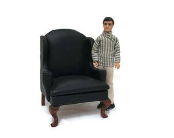 Vintage Dollhouse Black Leather Chair - Miniature Furniture