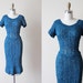 1940s Dress - Vintage 40s Teal Hand Crochet Knit Ribbon Deco Gown S M - Blue Ribbon Winner Dress