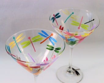 Multi-color dragonflies, hand painted martini glasses, painted dragonfly glasses, set of 2