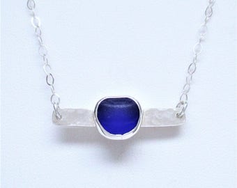 Sea Glass Jewelry - Sterling Cobalt Blue Sea Glass Bar Necklace