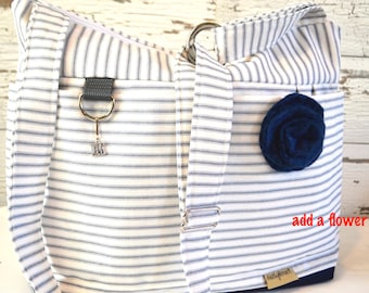 Purse or Tote bag in Navy Blue Ticking Stripe, waterproof base -Lightweight and durable! by Darby Mack made in the USA