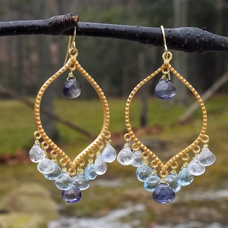 Gold Chandelier Mermaid Tears Earrings with Iolite Blue Topaz