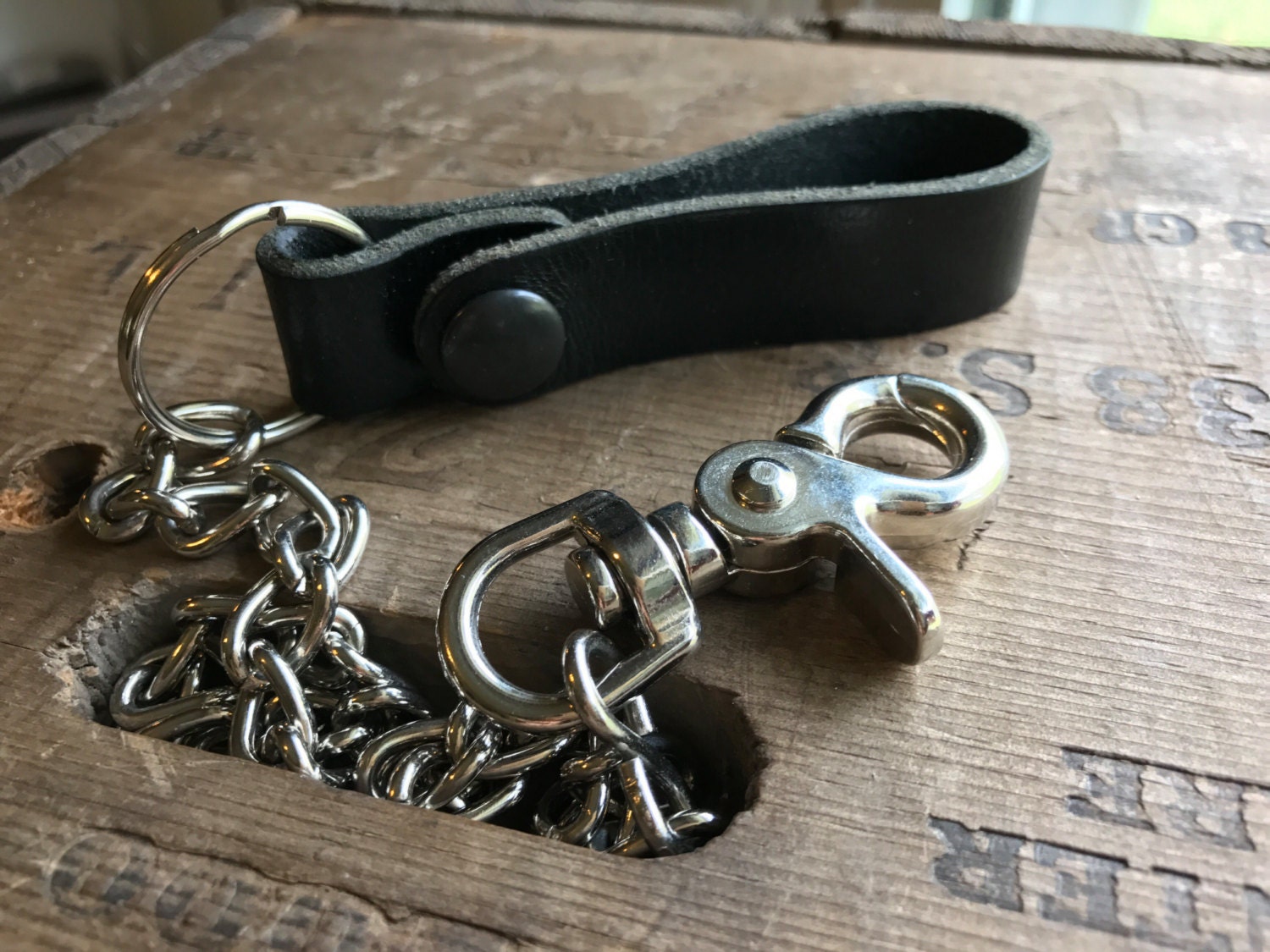 Wallet chain keyfob black bison leather key holder belt loop