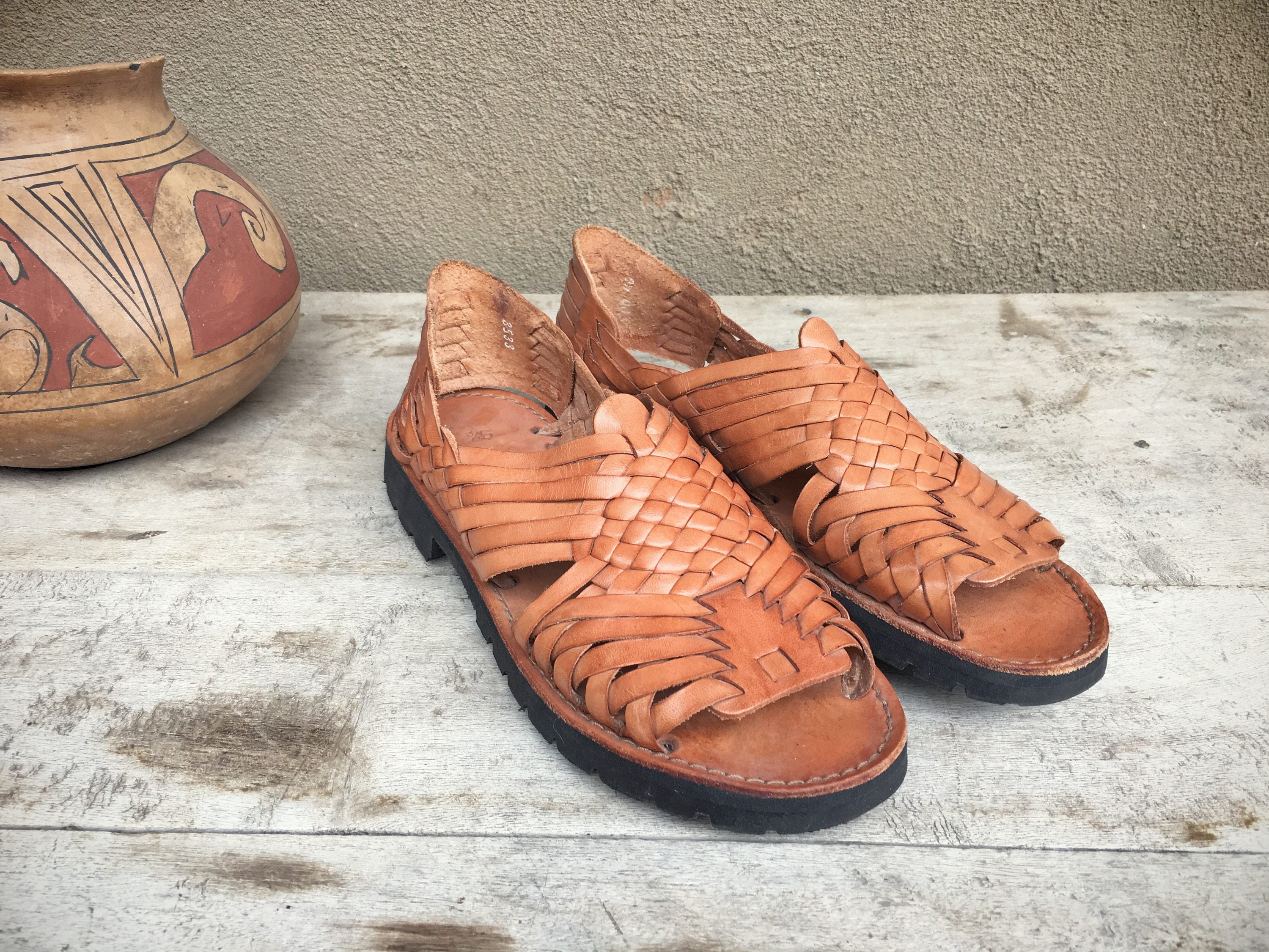 Vintage Mexican huarache sandals Women's Size 9.5 tanned leather boho ...