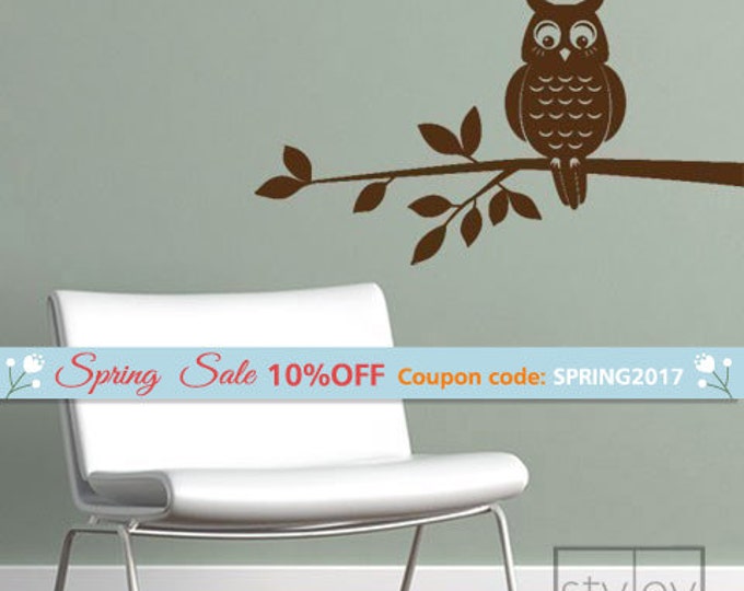 Owl Wall Decal, Owl Wall Sticker, Owl on a Branch Vinyl Wall Decal, Home Decor Kids Room Baby Nursery Wall Decal, Boy or Girl Room Decal