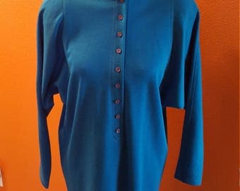 Fun Vintage Le Crillon Paris Turqouise Jumper Dress with Batwing Sleeves