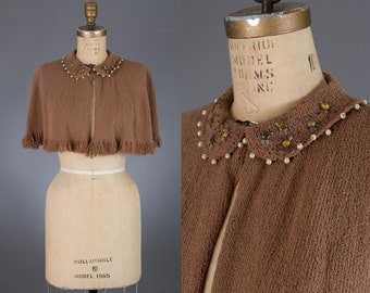 vintage 1940s knit capelet | brown beaded top