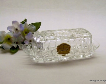 Vintage Anchor Hocking 'Prescut Clear' Butter Dish with Lid, Star of David Butter Dish, EAPG Quarter Pound Butter Dish with Original Label
