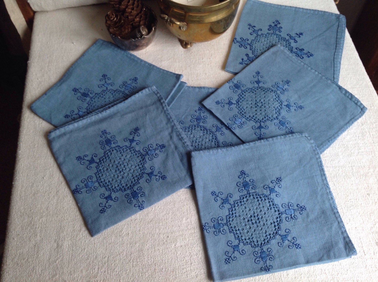 Antique Linen Serviettes Blue Embroidered Napkins Table