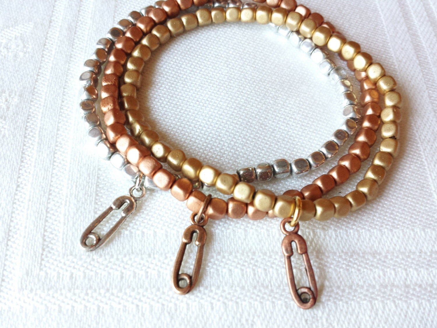 Safety Pin Charm Stack Bracelets Silver Gold Copper