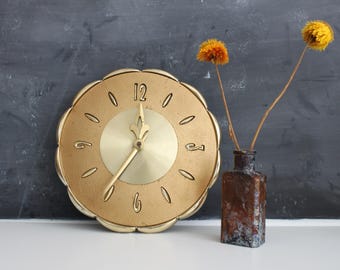 Mid Century Modern 1963 Brass Gold Wall Clock | Robert Shaw 5130 Series Wall Clock - Works! | Sunburst Wall Clock