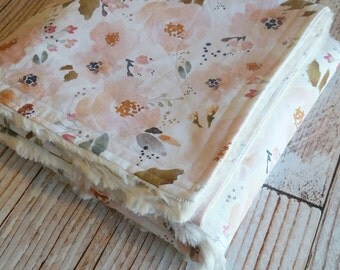 Baby Blanket - Minky Blanket - Girls Baby Blanket - Cream Pink Blanket - Floral Baby Blanket - Floral Crib Blanket - Baby Shower Gift
